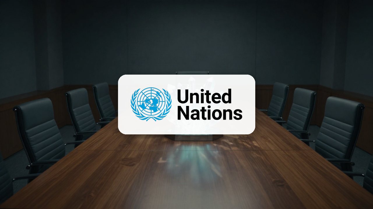 United Nations logo on an illustrated background. A modern, dimly lit boardroom with an abstract, glowing network structure on the table.