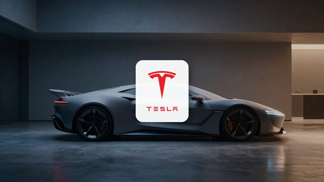 Tesla, Inc. logo on an illustrated background. A cinematic shot of a car's silhouette draped in fabric inside a modern design studio, awaiting an upcoming unveiling.