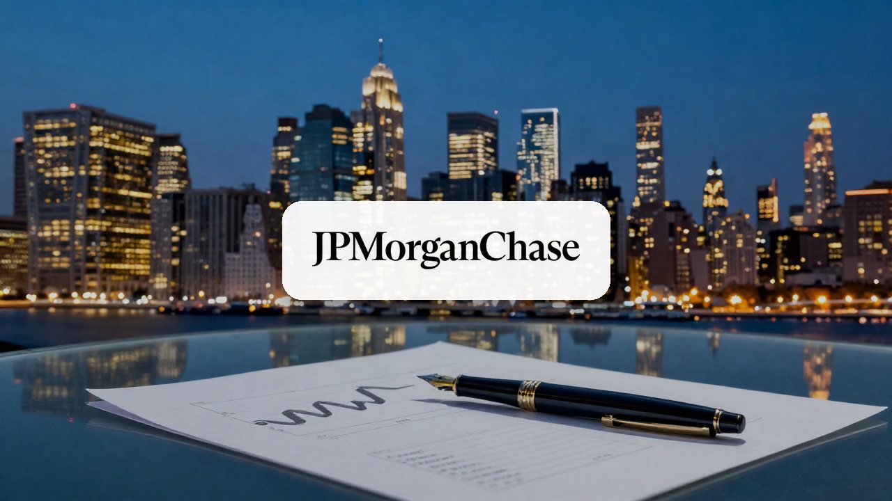 JPMorgan Chase logo on an illustrated background. A close-up view of a professional desk with financial documents and charts in a high-rise office overlooking a city skyline at twilight.