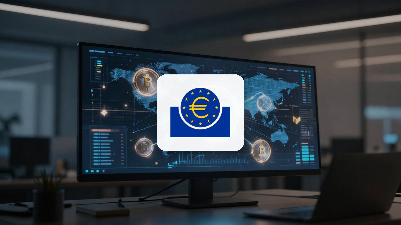 European Central Bank logo on an illustrated background. A digital representation of tokenised financial assets and data streams floating on a modern financial dashboard.