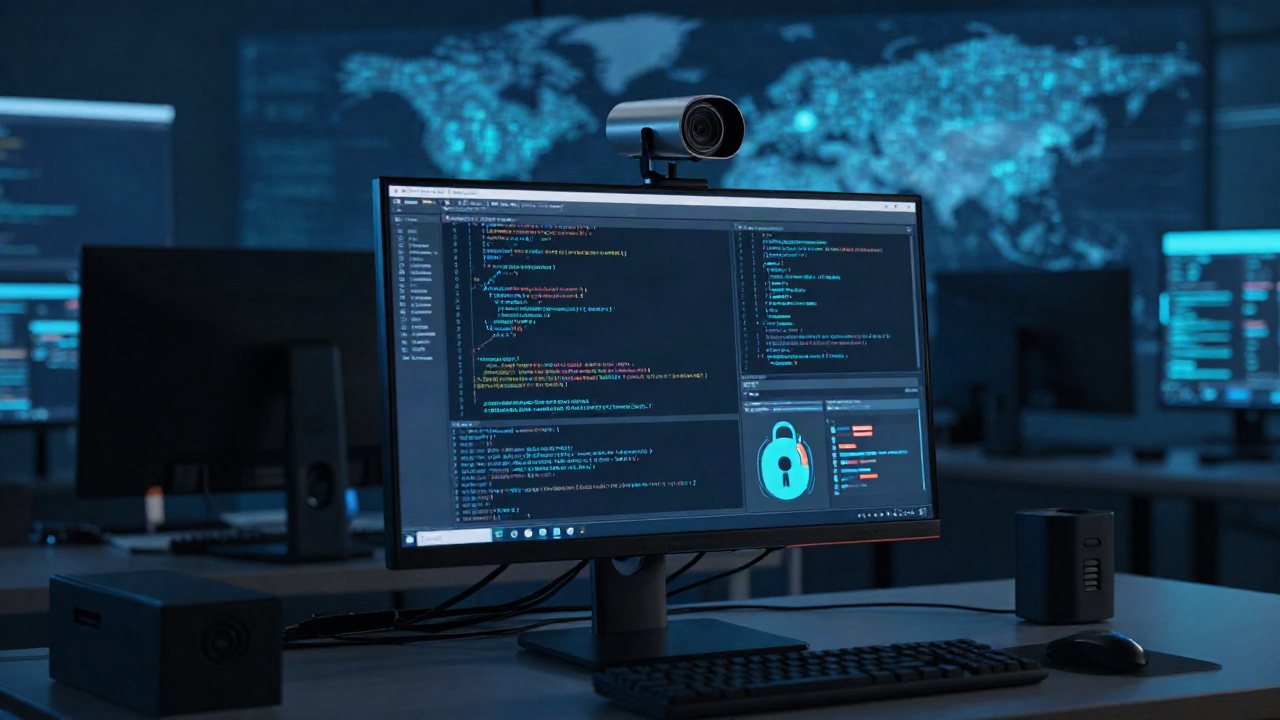 A close-up view of a computer workstation displaying warning symbols and distorted code, symbolizing a cyber-attack.