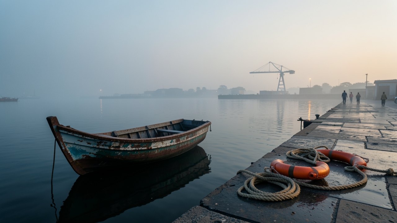 Illustration of a calm harbour at dawn with a small moored boat, a pier and a crane silhouette.