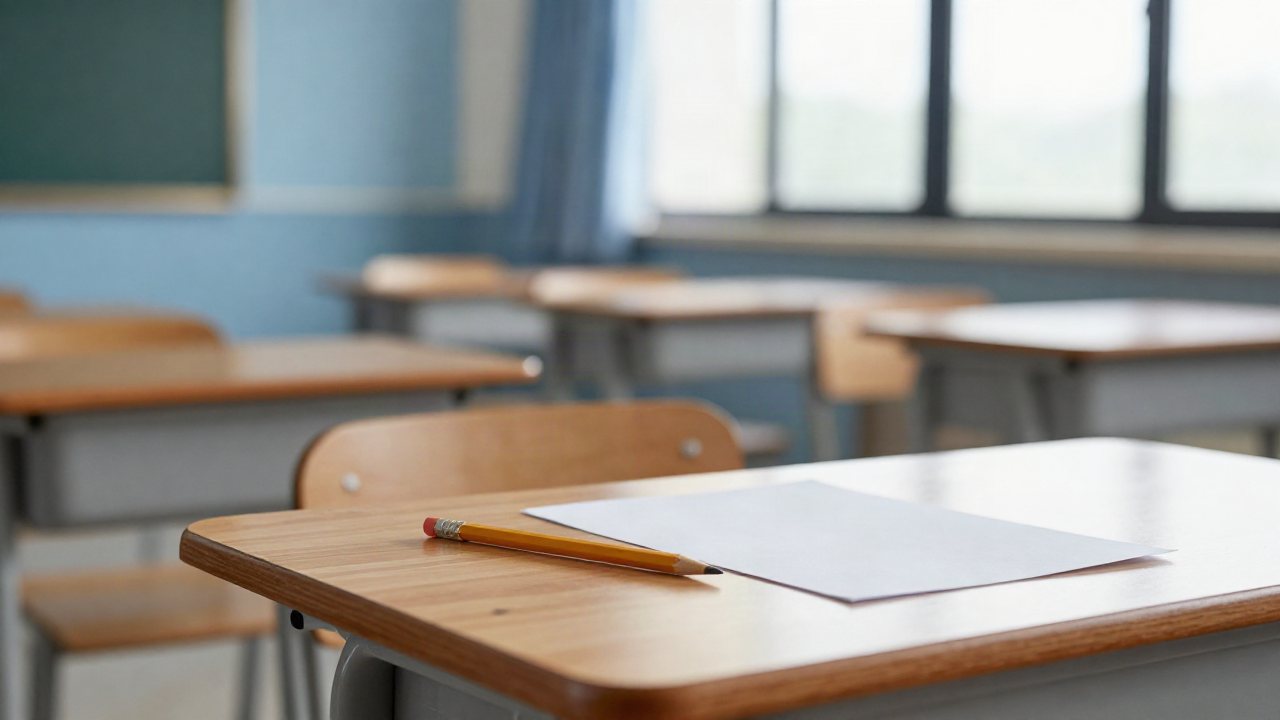A close-up view of a school desk in a sunlit classroom, symbolizing the environment where academic testing takes place.