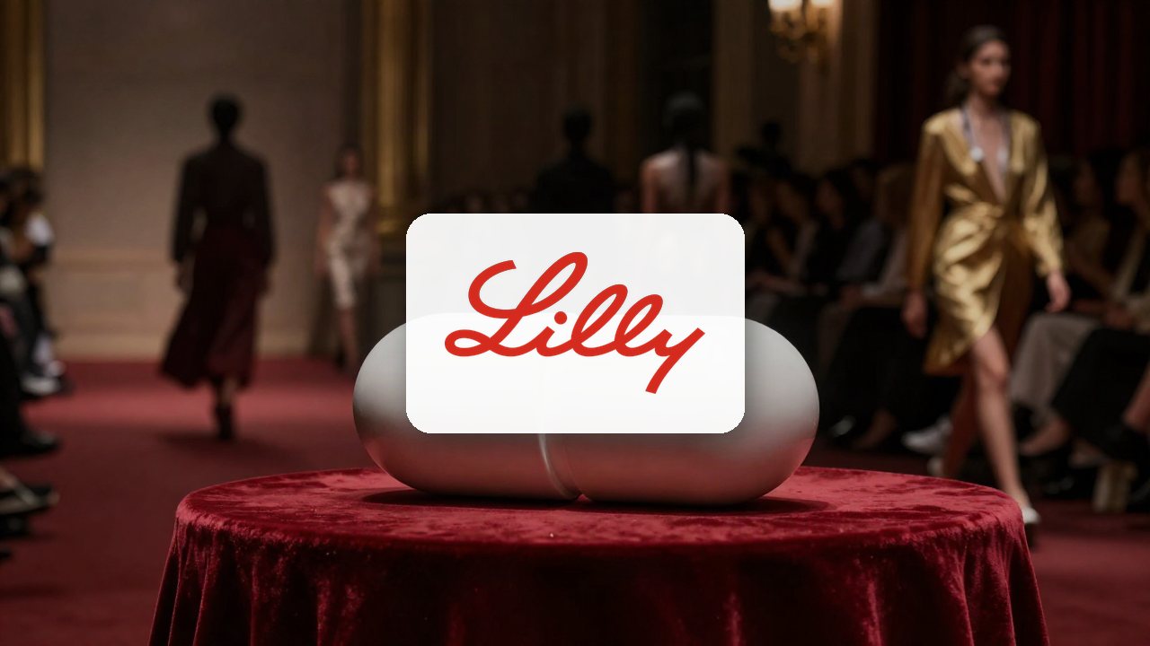 Eli Lilly and Company logo on an illustrated background. An abstract, stylized representation of a medical pill capsule displayed as a luxurious object on a fashion runway, symbolizing the intersection of pharmaceuticals and high fashion.