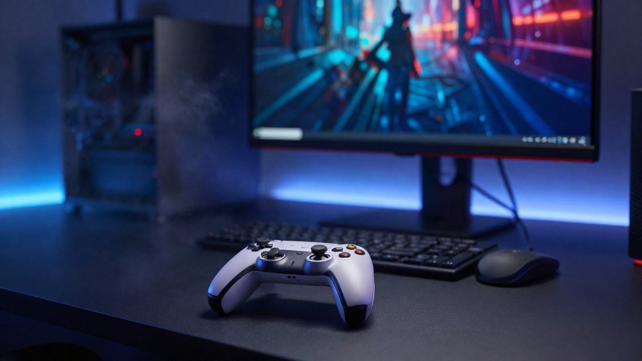 A cinematic shot of a gaming controller on a dark desk with moody, atmospheric lighting in a home gaming room.