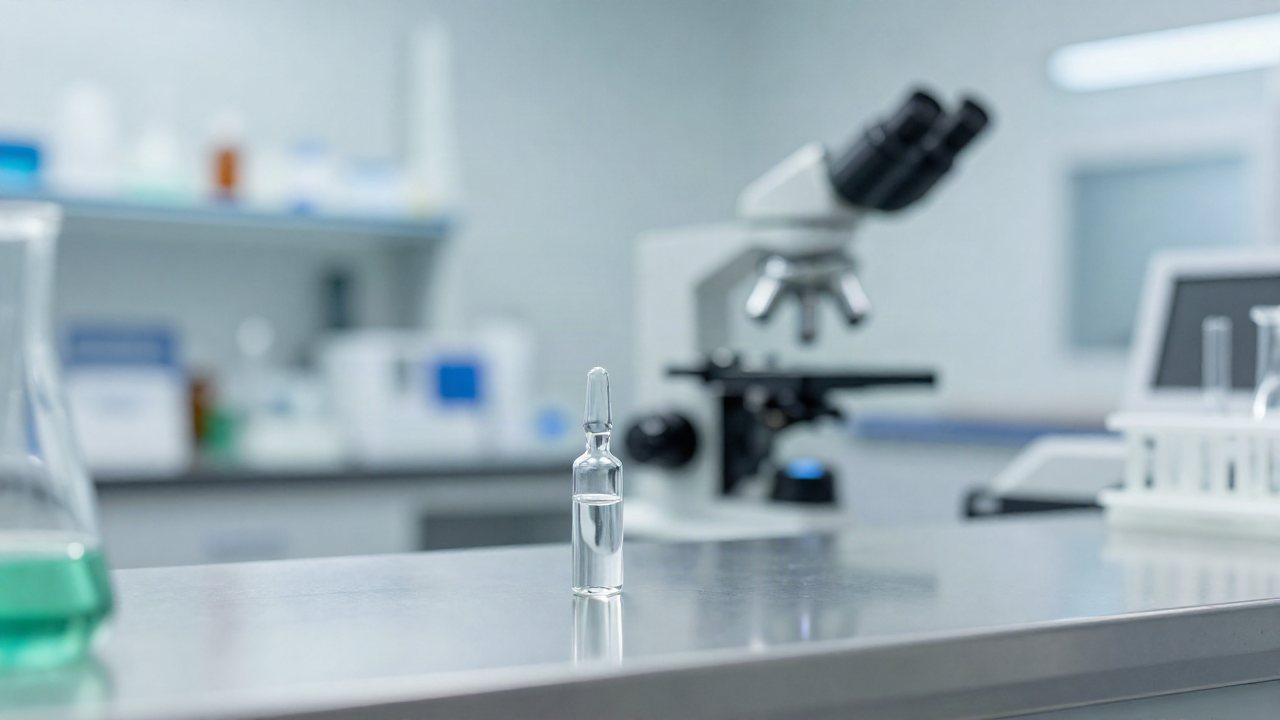 A close-up, sterile scene in a medical research setting showing a laboratory environment with soft lighting, representing pharmaceutical development.