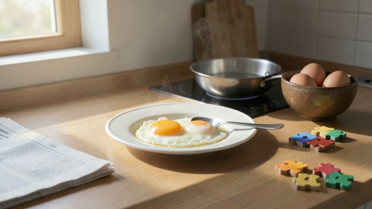 An illustration of poached eggs on a plate in a morning kitchen, with a pan and a bowl of eggs nearby.