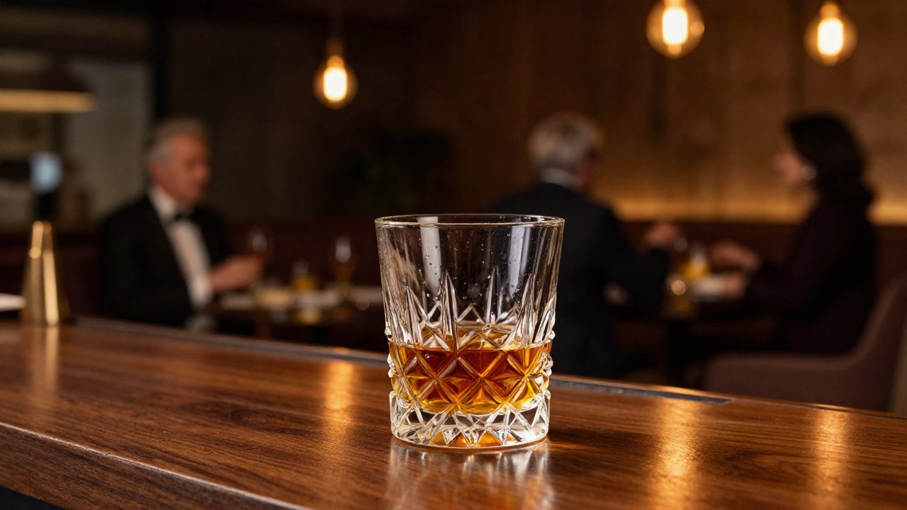 A close-up shot of a glass of amber-colored liquor sitting on a bar counter in a dimly lit, upscale lounge environment.