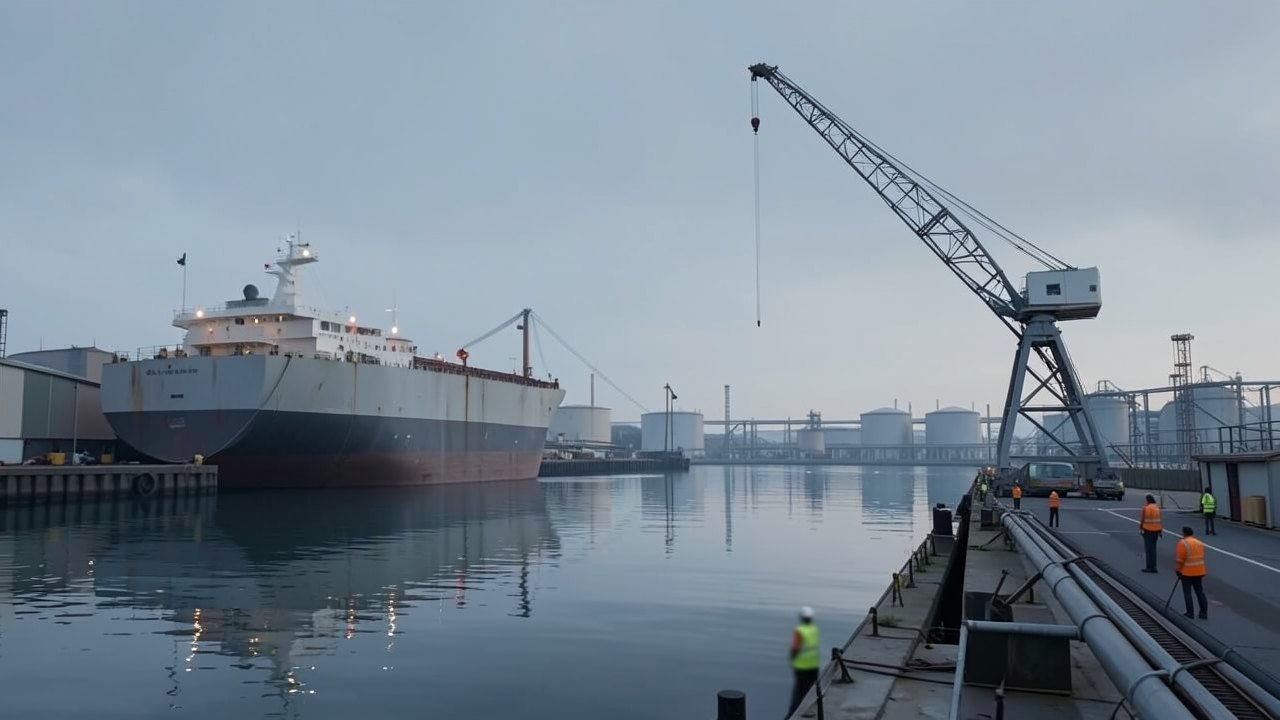 An illustration of an oil tanker at a harbour terminal with a crane and storage tanks.