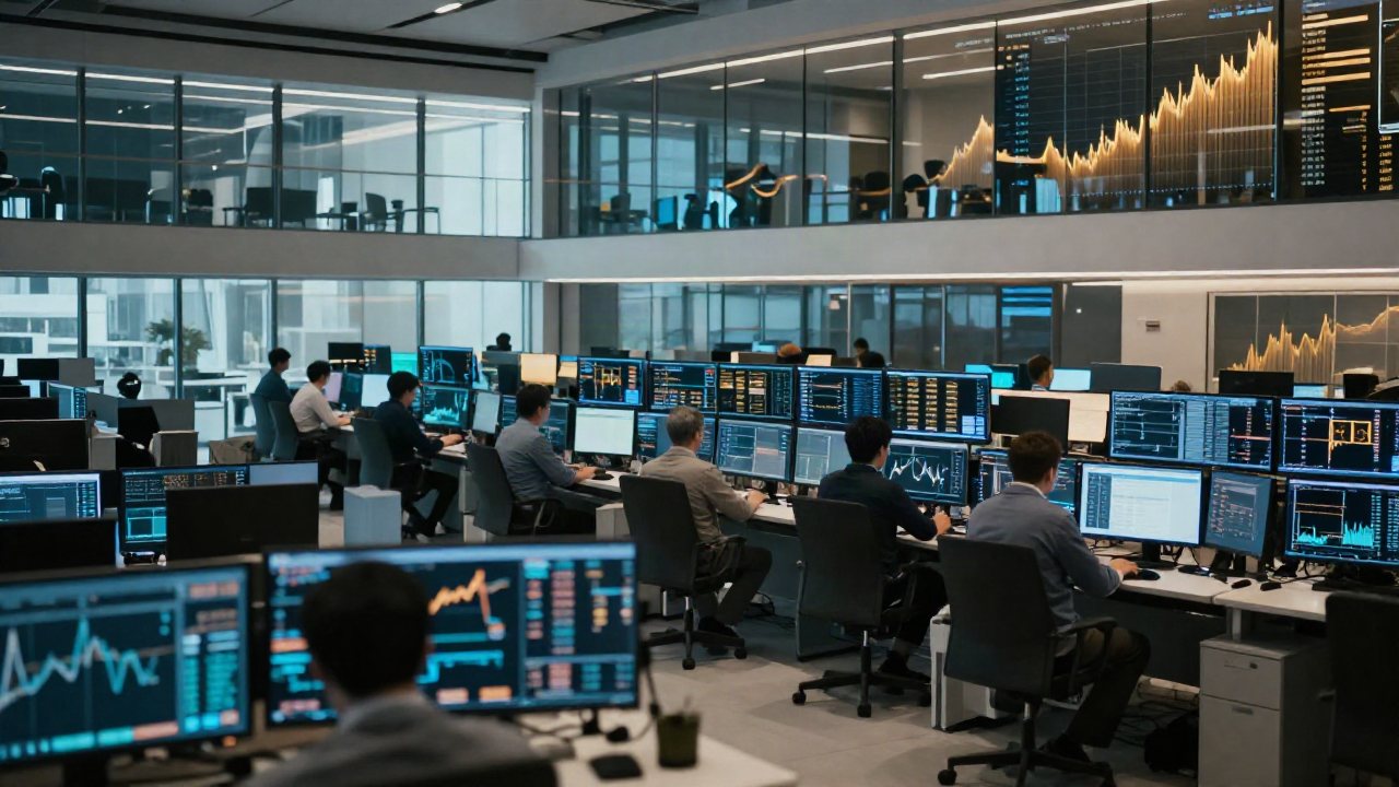 A modern, abstract financial trading environment showing glowing data visualization graphs that suggest both upward momentum and potential volatility.