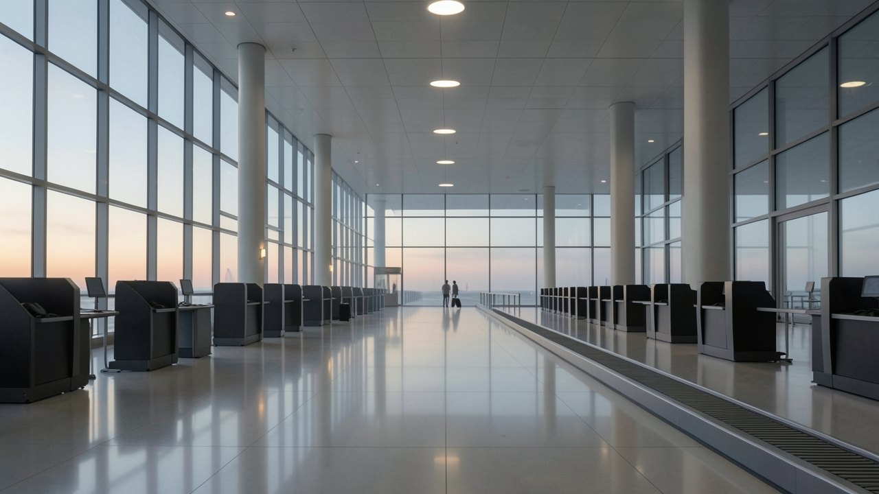 An illustration of an empty airport departures hall at dawn with silent check-in desks.