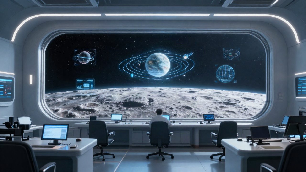 A futuristic space observation deck looking out over the glowing lunar surface, symbolizing peaceful international space exploration.