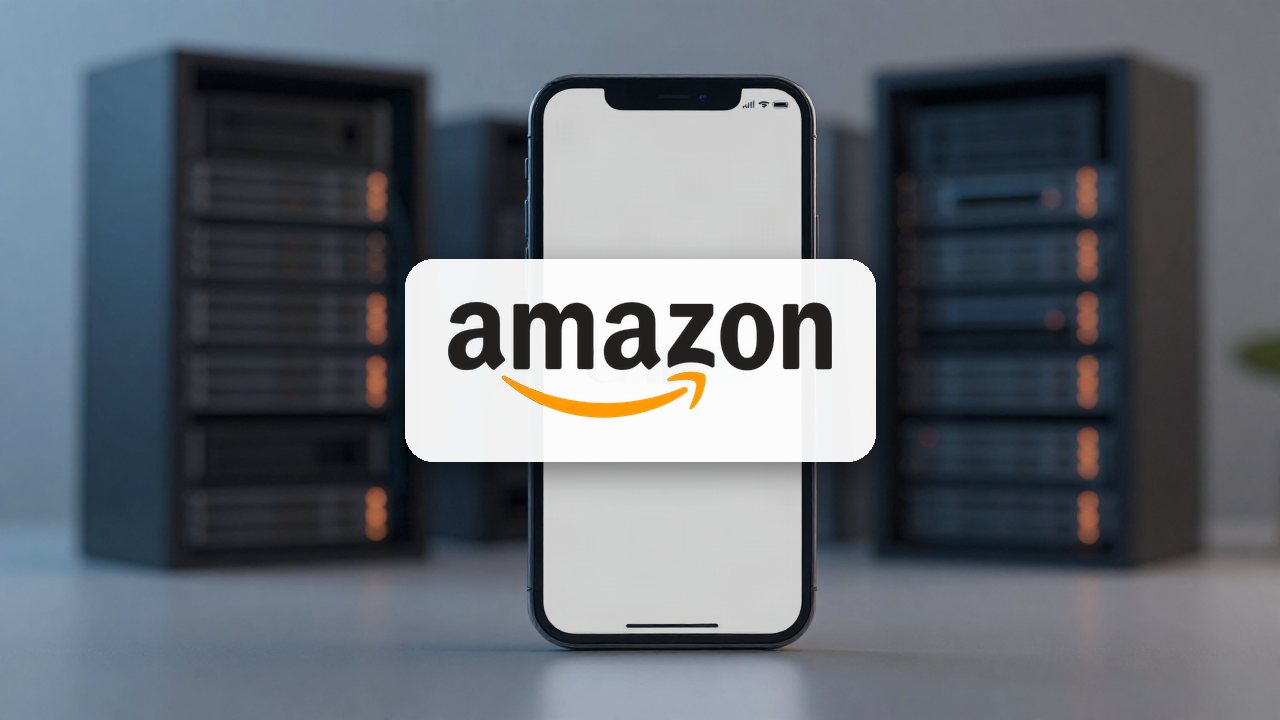 Amazon logo on an illustrated background. A close-up shot of a smartphone screen displaying a connection error while shopping, symbolizing the conflict between AI shopping agents and e-commerce site restrictions.