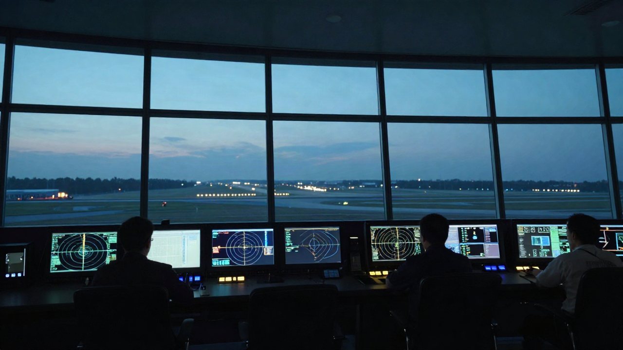 The interior of a modern air traffic control room with glowing radar displays and a view of an airfield at twilight.