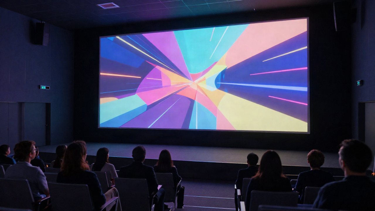 A wide angle view of a modern conference hall with digital art projected on large screens during a professional media industry event.