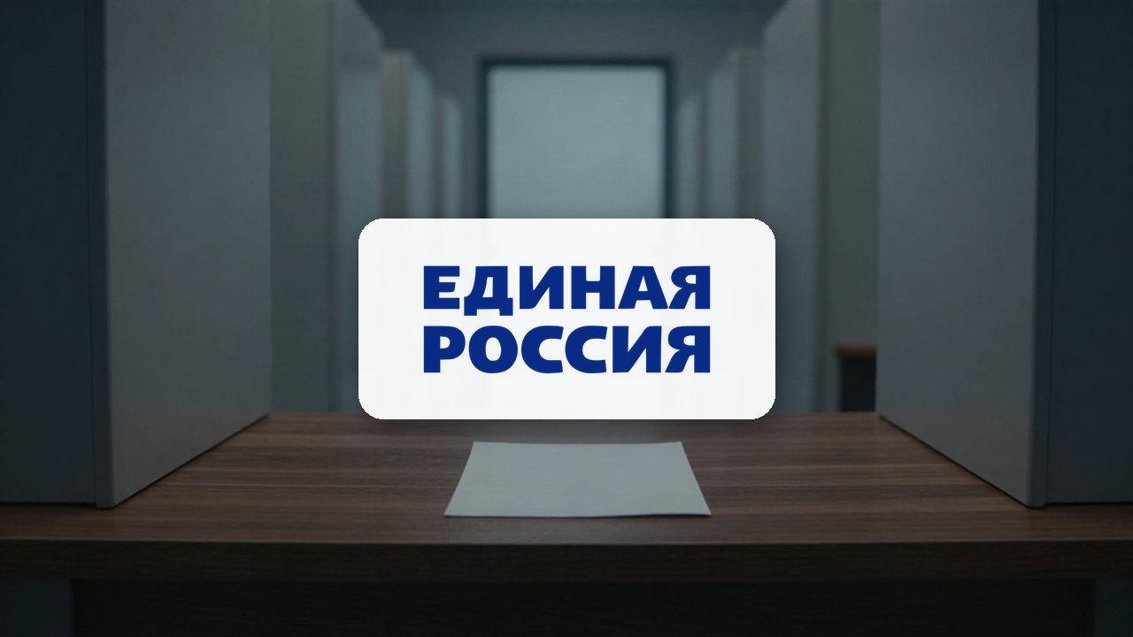 United Russia logo on an illustrated background. A lone, blank ballot paper rests on a desk inside a dimly lit, minimalist voting booth.